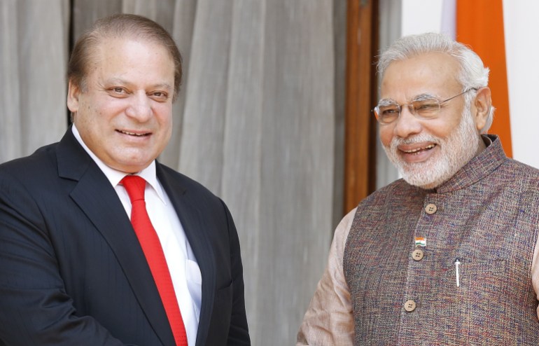 Nawaz Sharif was Pakistan's prime minister when he traveled to India in 2014 to attend Modi's first oath-taking ceremony. [Harish Tyagi/EPA]