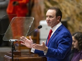 FILE - Louisiana Gov. Jeff Landry speaks during the start of the special session in the House Chamber, Jan. 15, 2024, in Baton Rouge, La. Civil rights attorneys say a new Louisiana law that makes it a crime to approach within 25 feet of a police officer under certain circumstances is an affront to the movement for racial justice and violates the First Amendment. Critics have said the law signed this week by Republican Gov. Jeff Landry could hinder the public's ability to film officers.