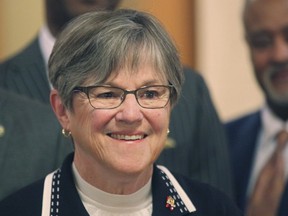 Kansas Gov. Laura Kelly participates in a Juneteenth holiday celebration, Monday, June 17, 2024, at the Statehouse in Topeka, Kansas. Kelly says she does not believe a plan approved by Kansas legislators to lure the Kansas City Chiefs and Royals to her state will restart a contest by each state to steal each other's jobs in the Kansas City area that ended with an agreement between the states in 2019.