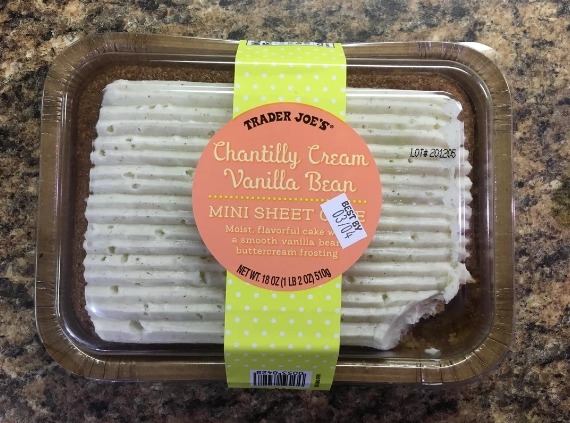 They picked up a tray of Trader Joe's Chantilly Cream Vanilla Bean mini sheet cake