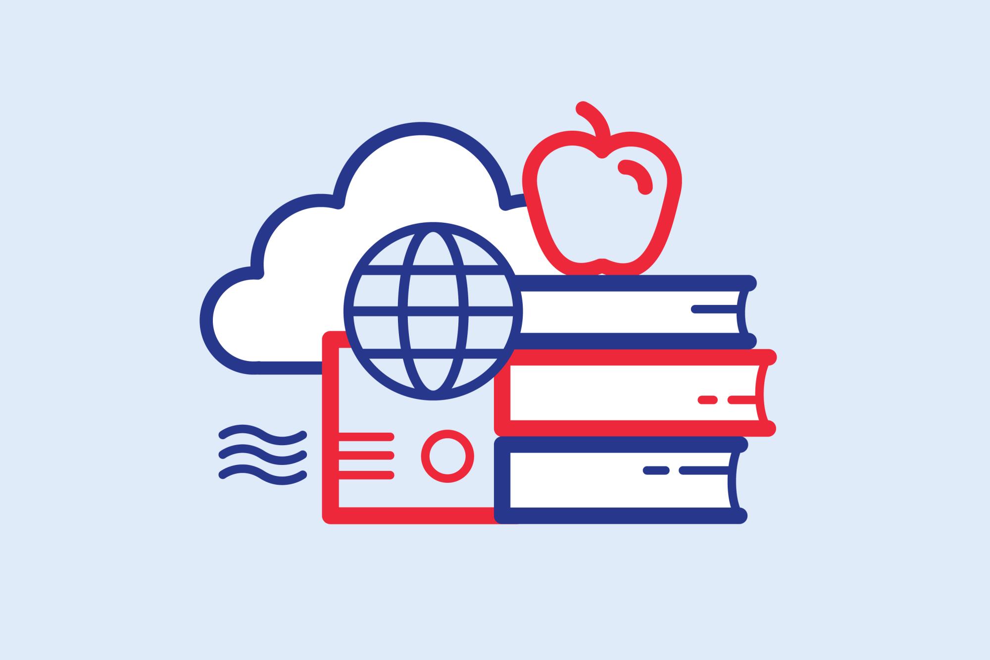 broadband internet cloud and globe, apple, stack of books, air conditioner