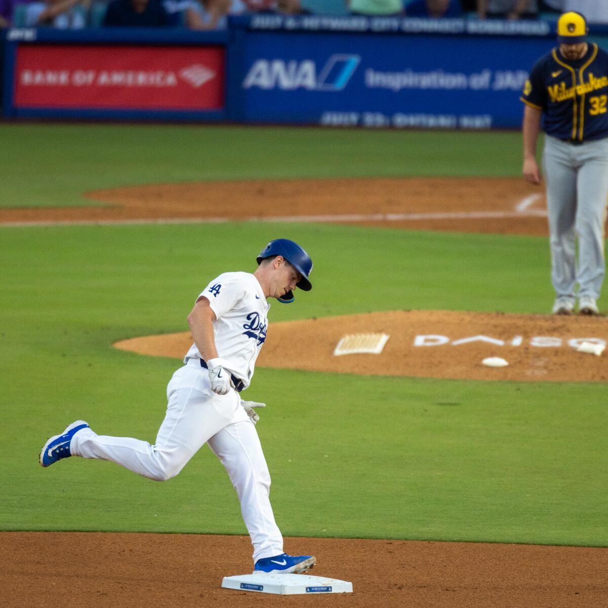 Will Smith runs the bases after hitting a home run off Brewers starting pitcher Aaron Civale during the third inning Friday.