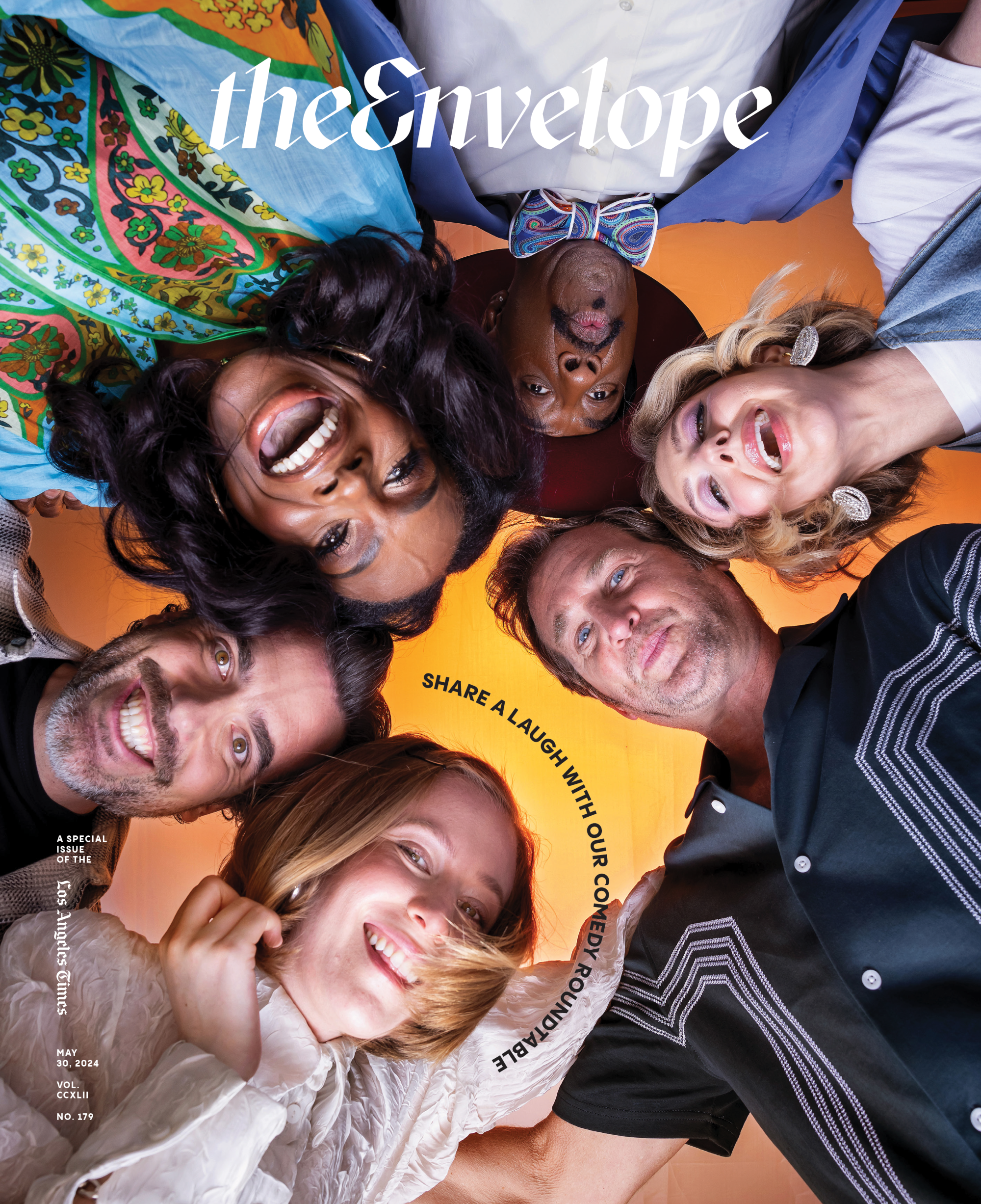 Six faces look down at the camera for the cover photo of The Envelope's Comedy Roundtable.