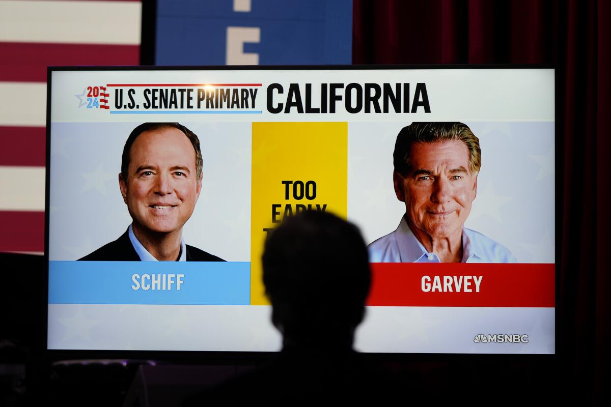 A screen showing two men, with the words U.S. Senate Primary California, and the names Schiff and Garvey
