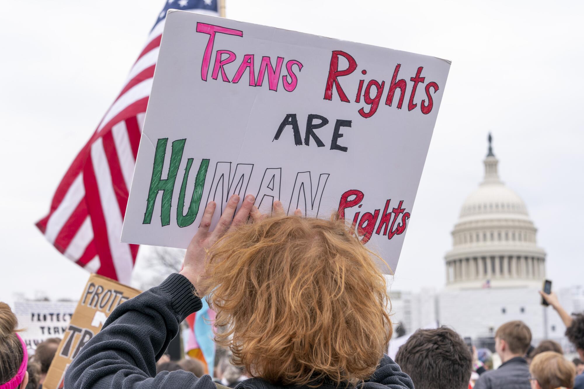 A person holds up a sign that says "Trans rights are human rights."