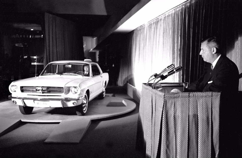 Ford II gives the world its first look at the all-new Mustang on April 17, 1964