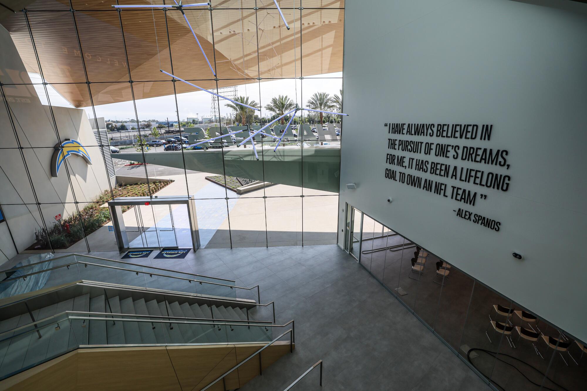 A lobby at the Chargers facility.