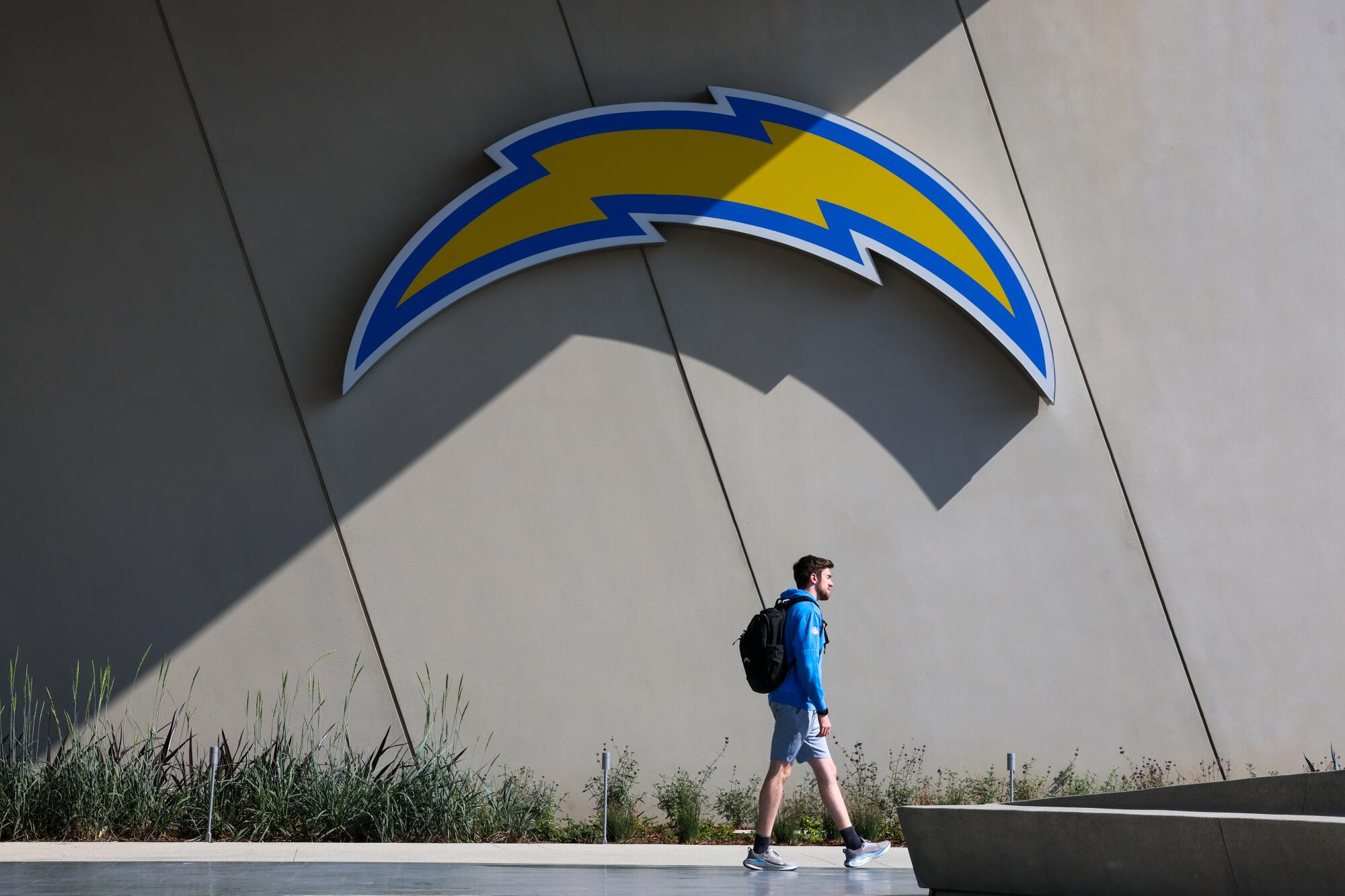 A Chargers bolt outside the team's facility.