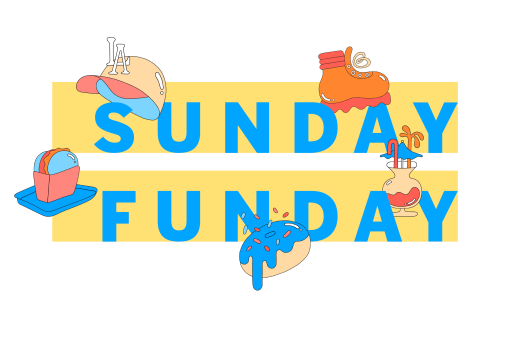 sunday funday infobox logo with spot illustrations in blue, yellow, and green