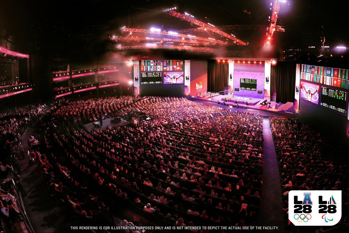 An artist's rendering of weightlifting at the Peacock Theater in downtown Los Angeles.