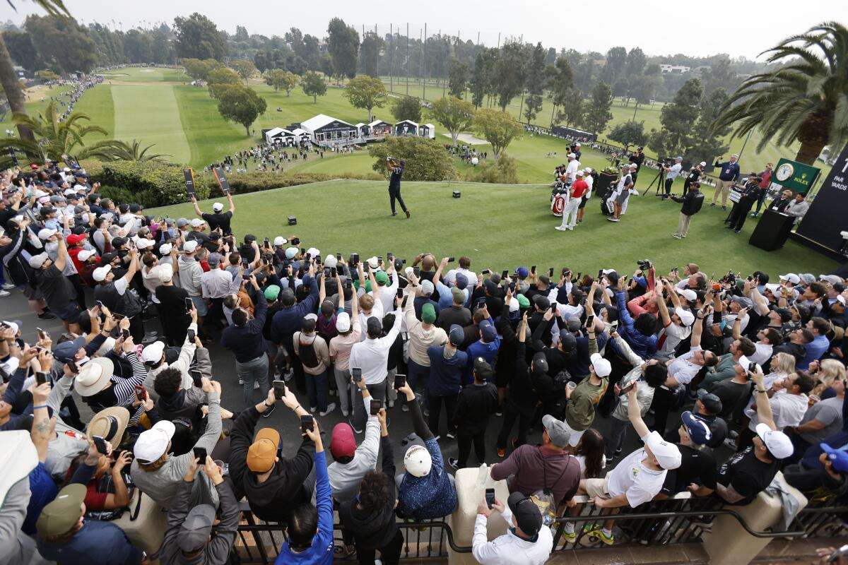 Tiger Woods teeing off at Riviera Country Club during Day Two of the Genesis Invitational on Feb. 16 in Pacific Palisades.