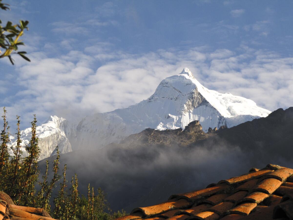 View of the snow capped Huascaran mountain in the Andes. The Huascaran is Peru's highest mountain.