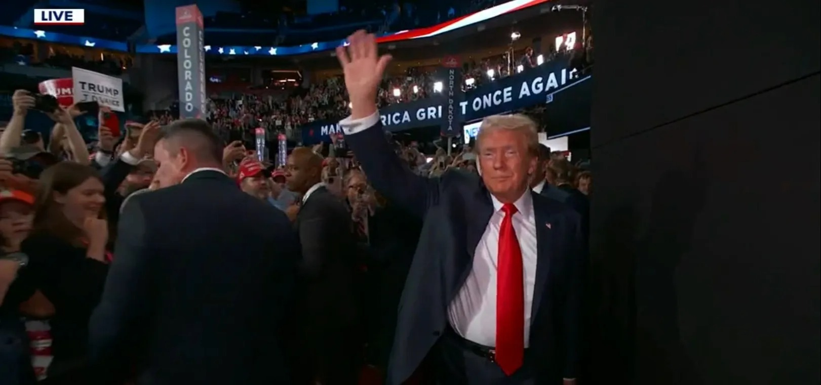 Trump made his way to the stage during an intro that saw the former president brought nearly to tears as he made his way through the crowd