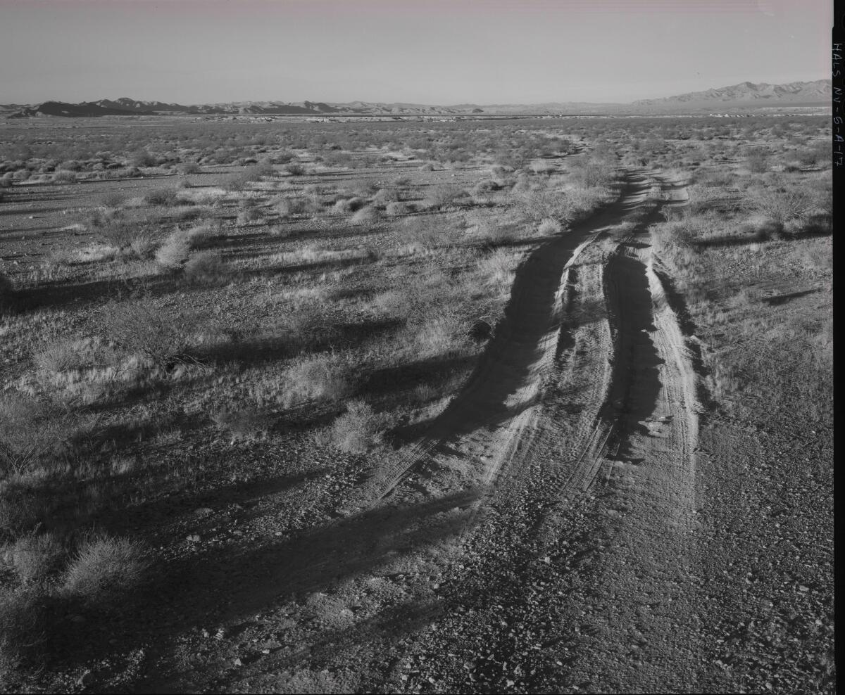 A black-and-white image taken before construction began on the Gemini solar project in Nevada.