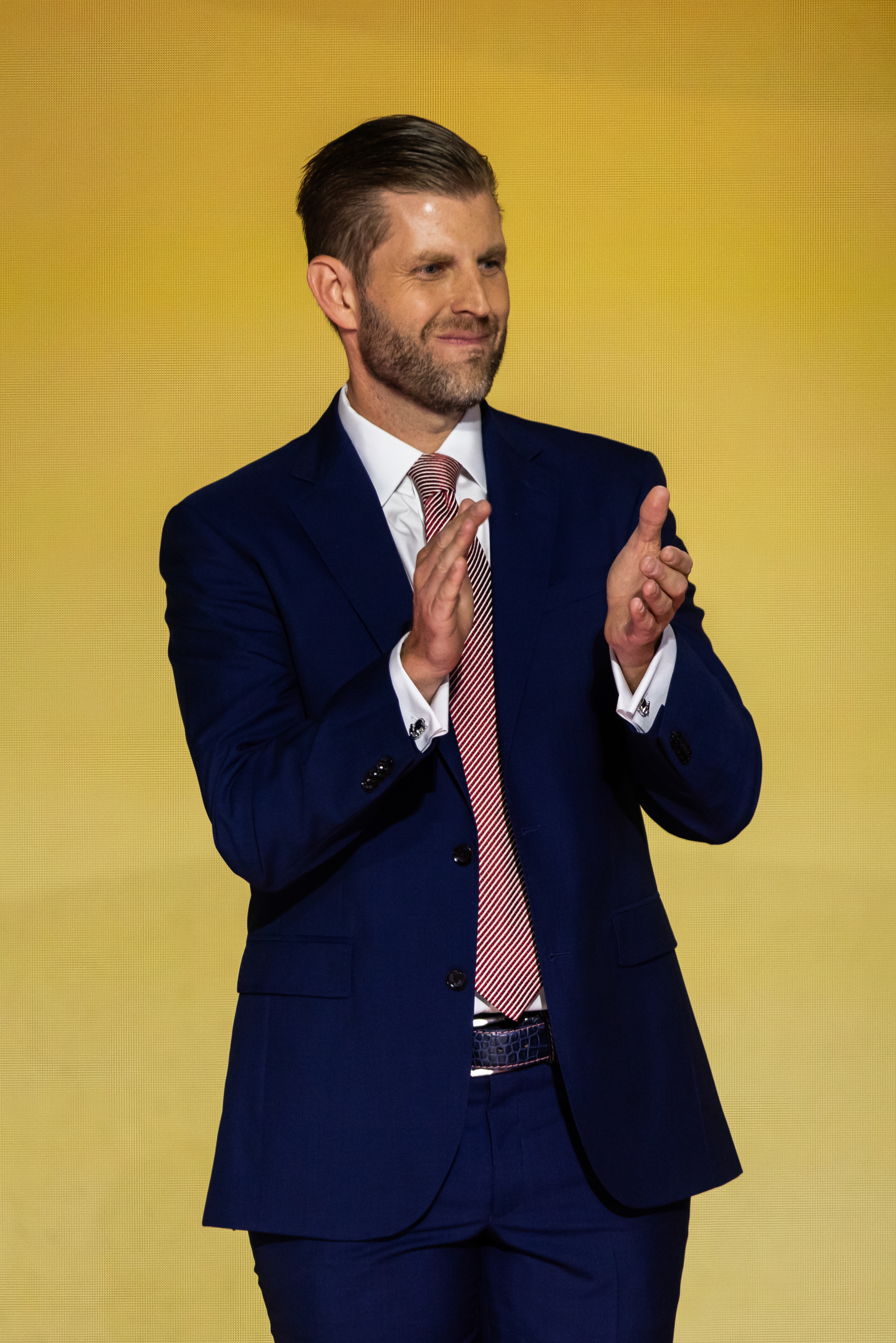 Eric Trump, son of Republican presidential nominee and former President Donald Trump arrives to deliver remarks