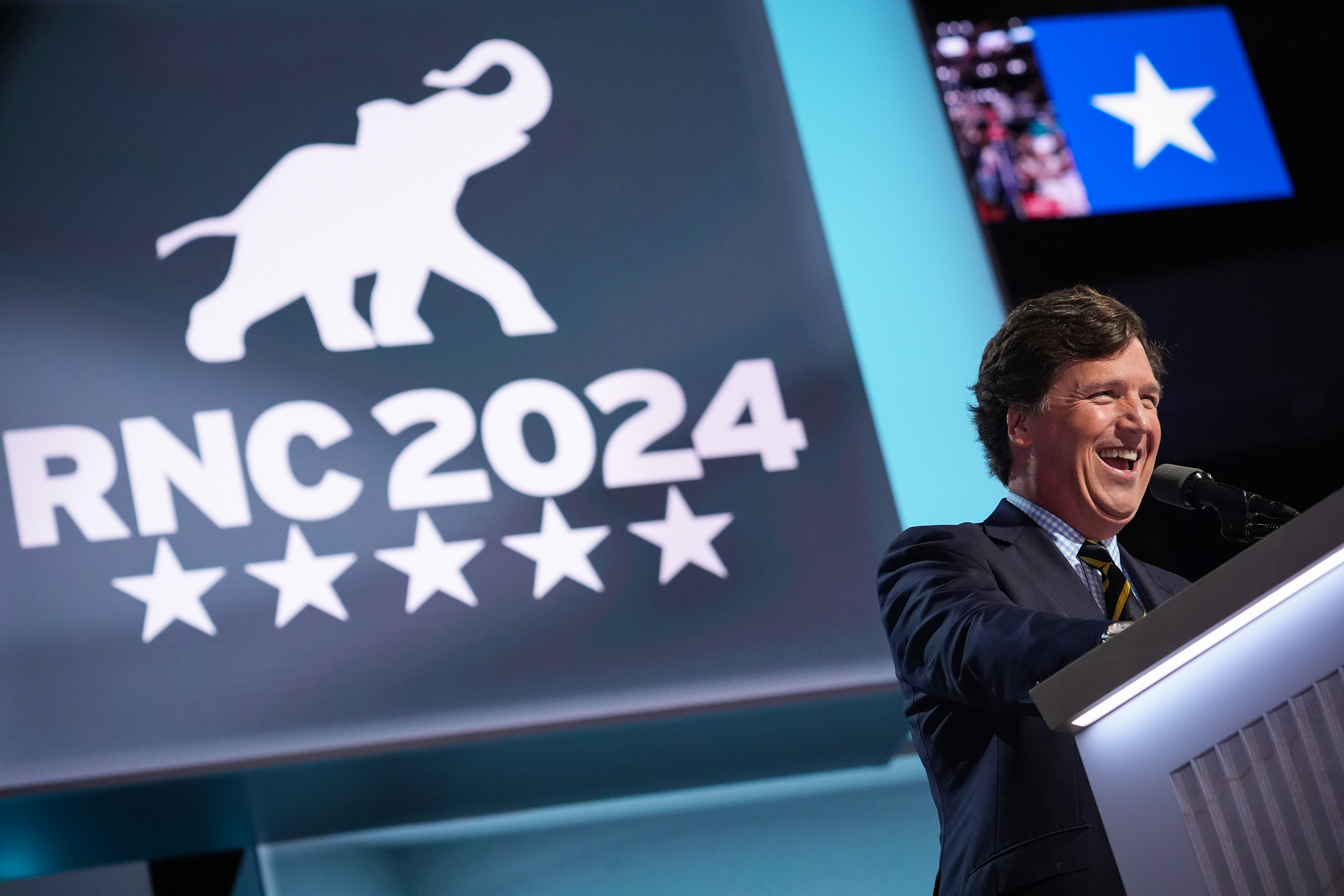 Tucker Carlson, founder of Tucker Carlson Network, speaks on stage on the fourth day of the Republican National Convention