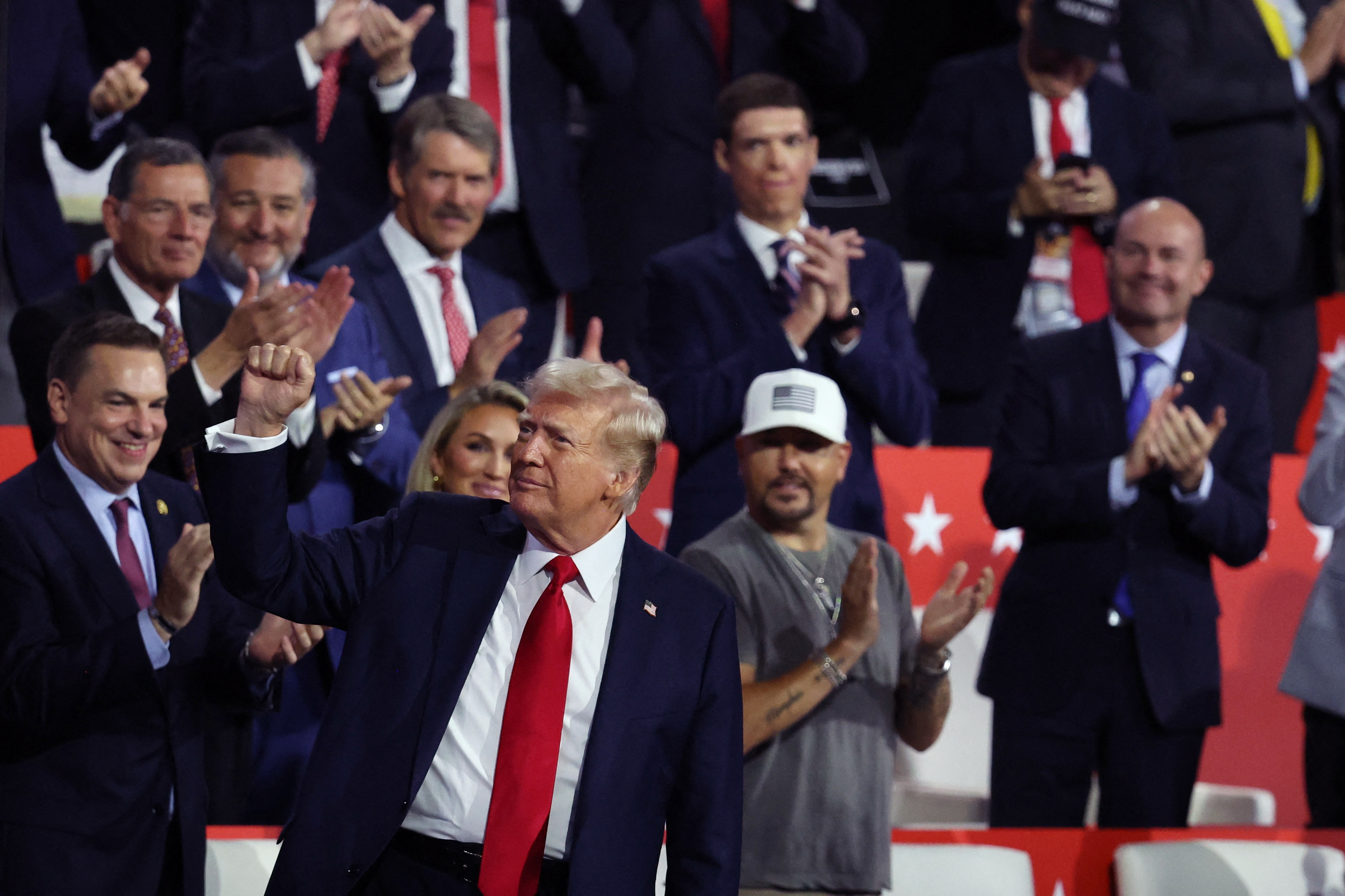 Republican presidential nominee and former U.S. President Donald Trump gestures on Day 4 of the Republican National Convention