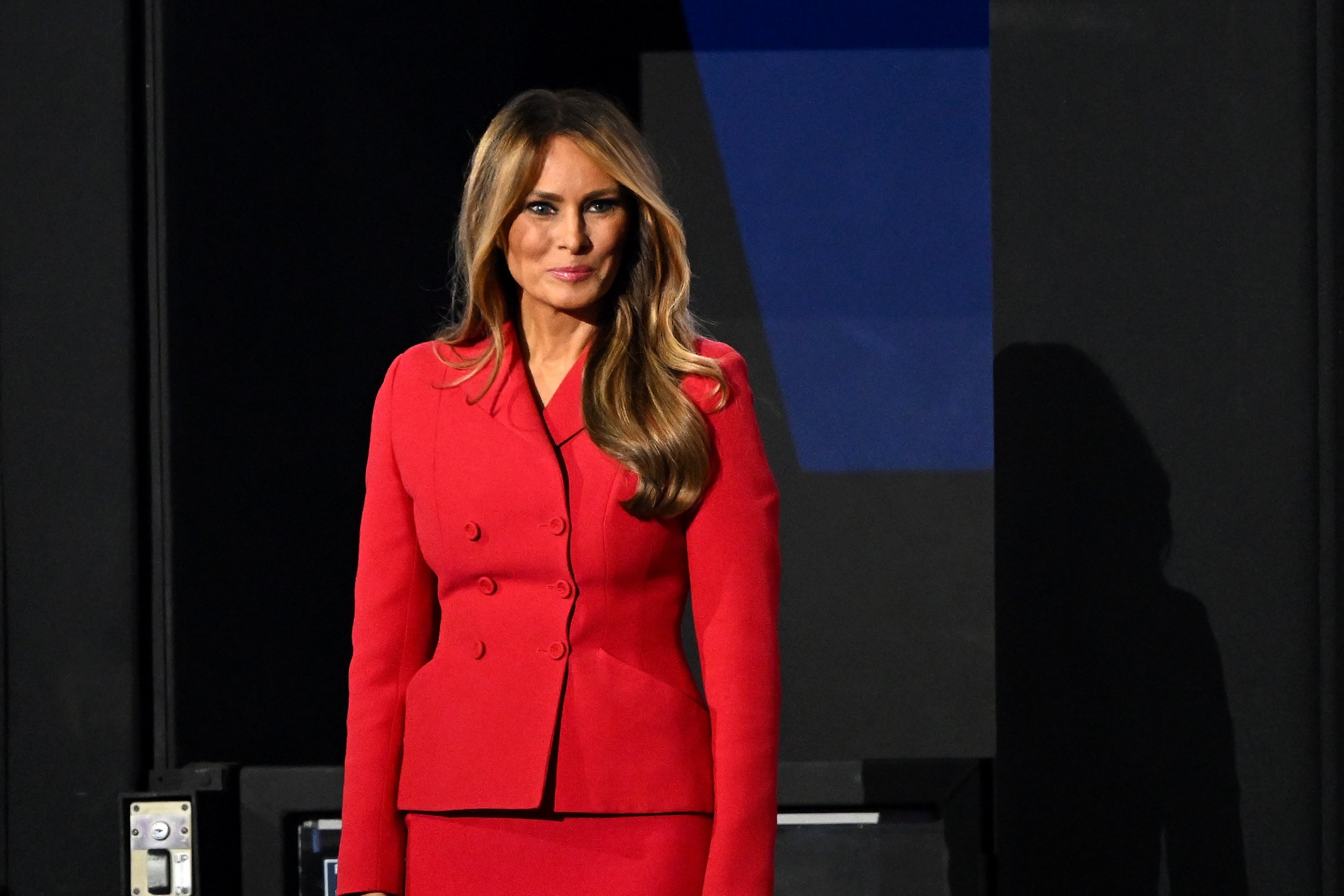 Melania wore a red tailored jacket and skirt to the last night of the RNC