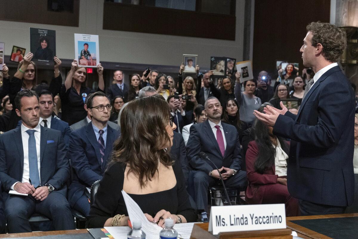 Meta CEO Mark Zuckerberg speaks to the audience during a Senate Judiciary Committee hearing on child safety. 