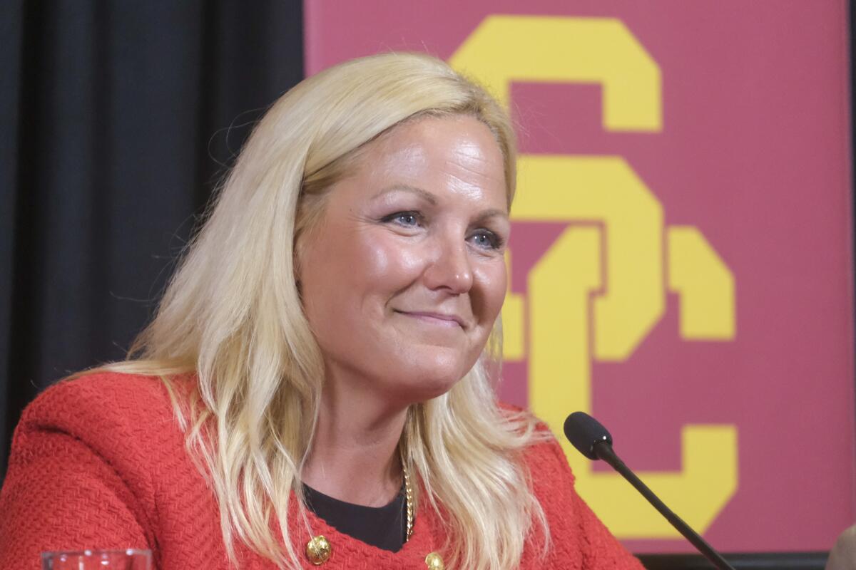 USC athletic director Jennifer Cohen speaks during men’s basketball coach Eric Musselman’s introductory news conference 