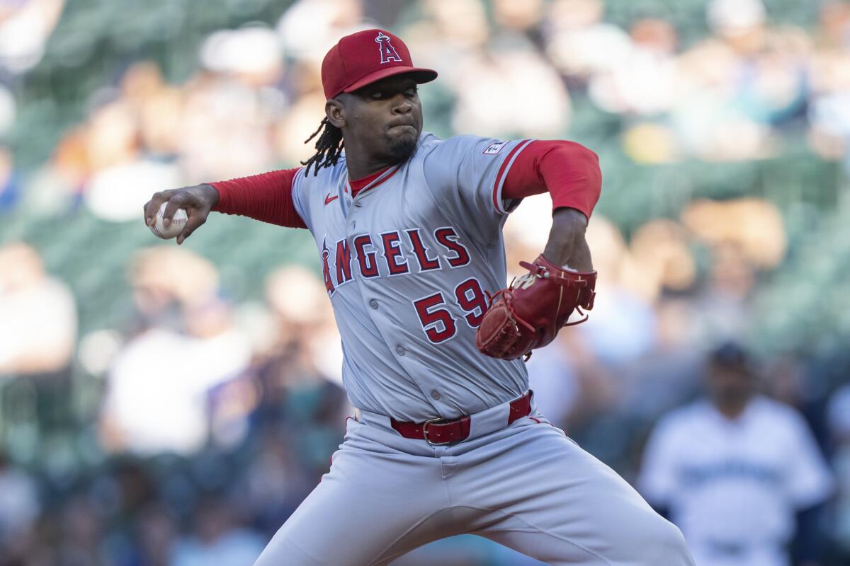 Los Angeles Angels starter Jose Soriano delivers a pitch during the first inning.