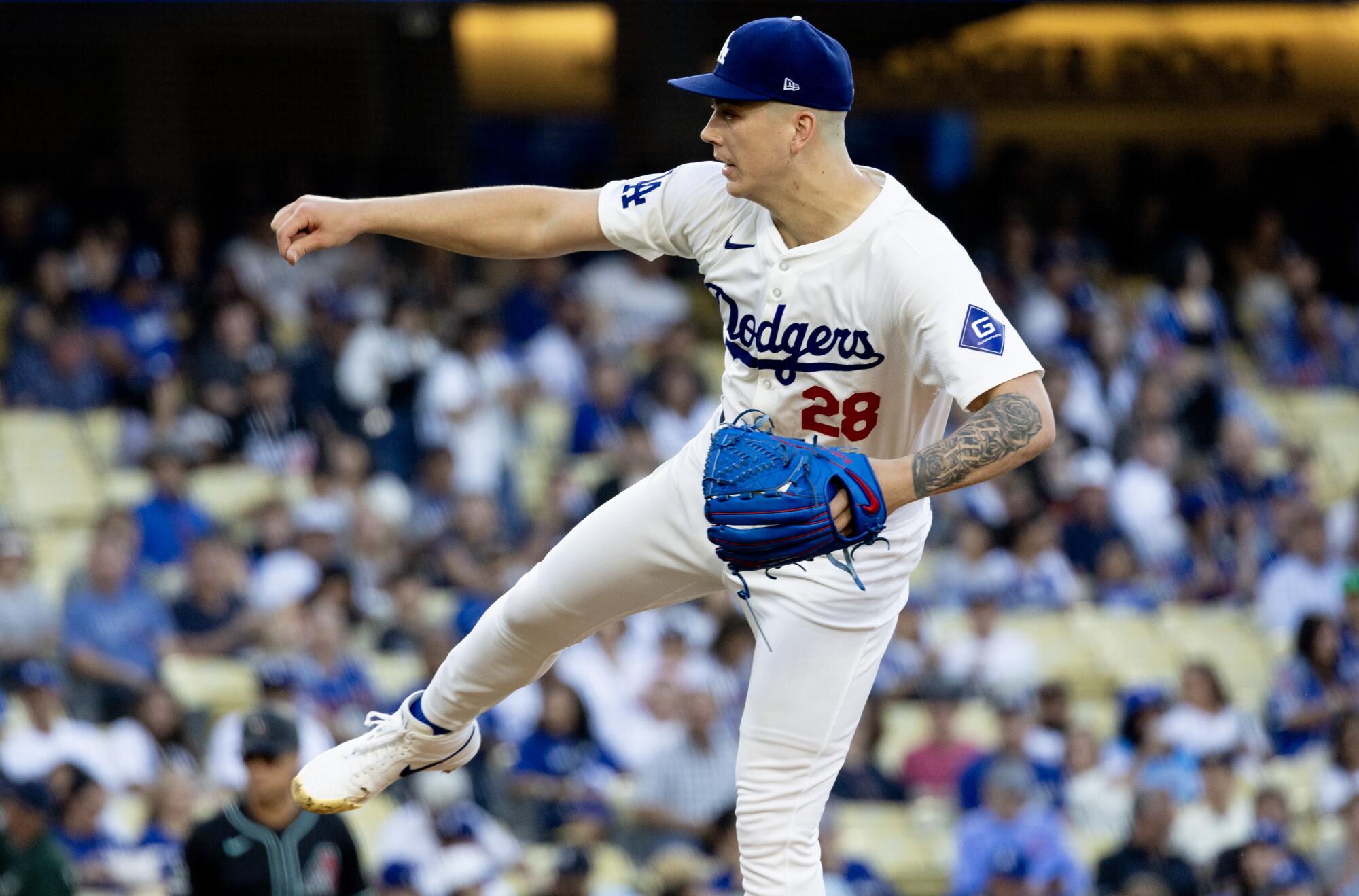 The Dodgers' Bobby Miller pitches to the Diamondbacks during a game at Dodger Stadium on July 2.