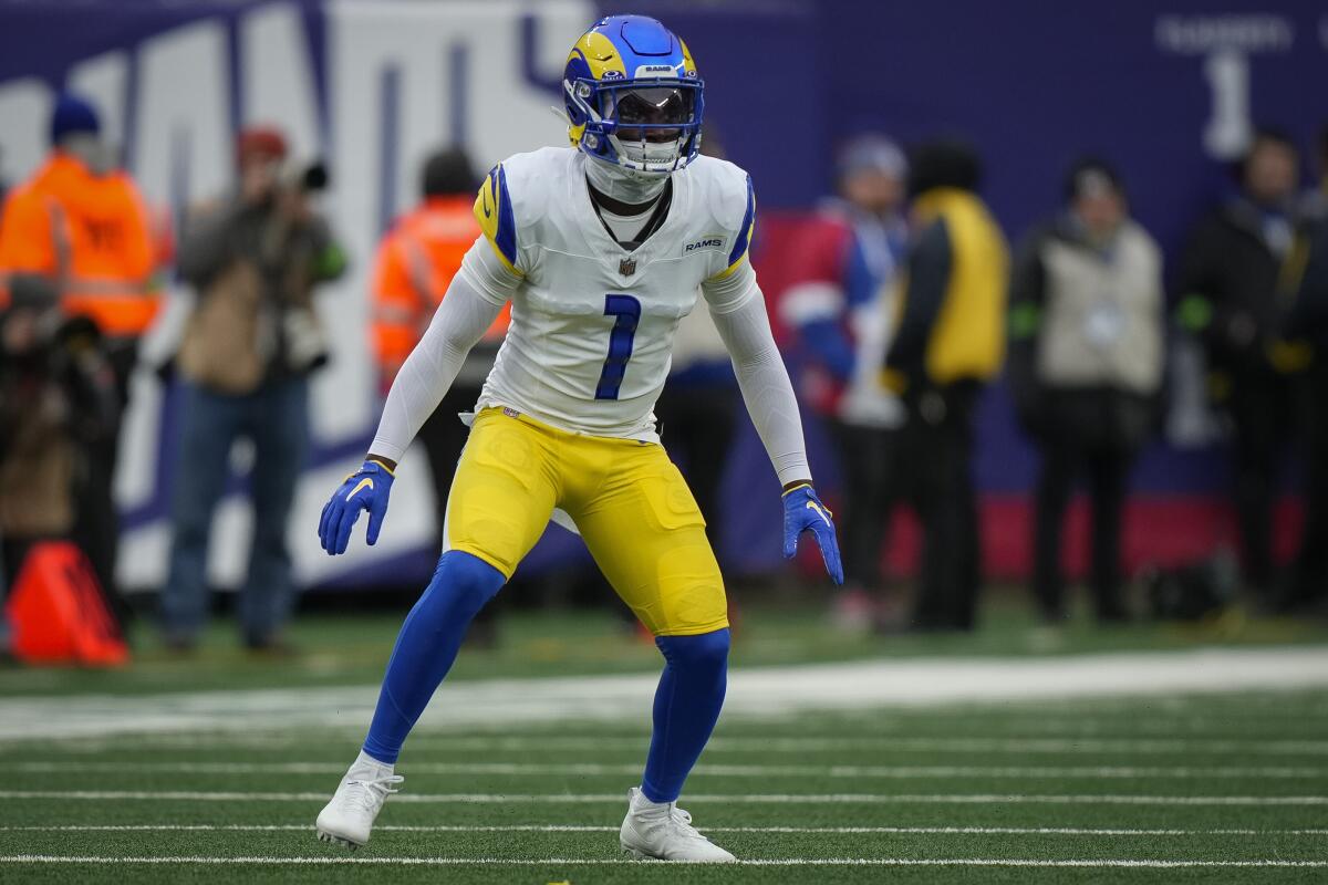 Rams cornerback Derion Kendrick lines up during a game against the New York Giants on Sunday, 