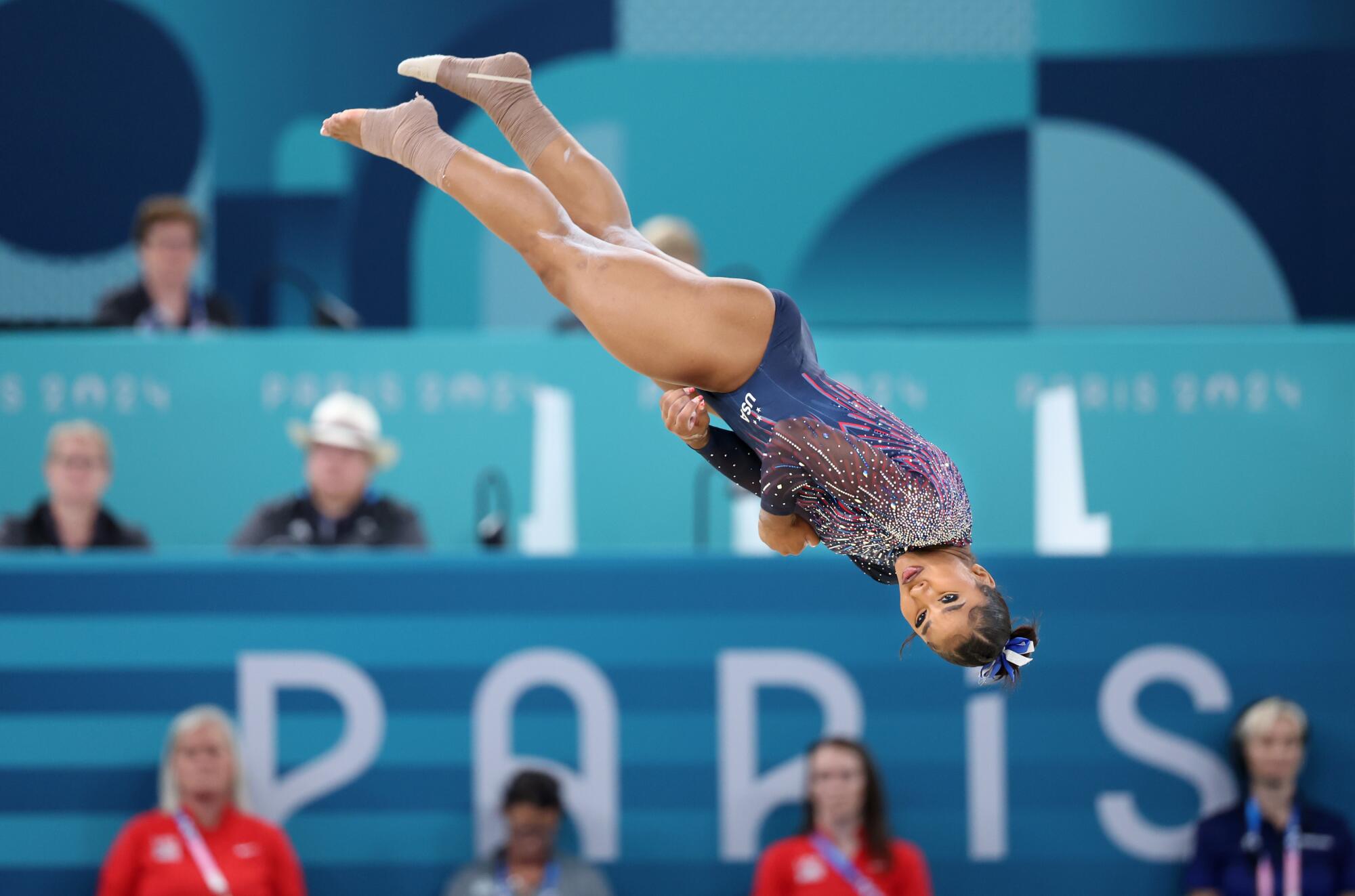 Jordan Chiles practices her floor exercise routine Thursday ahead of the start of the Paris Olympics.