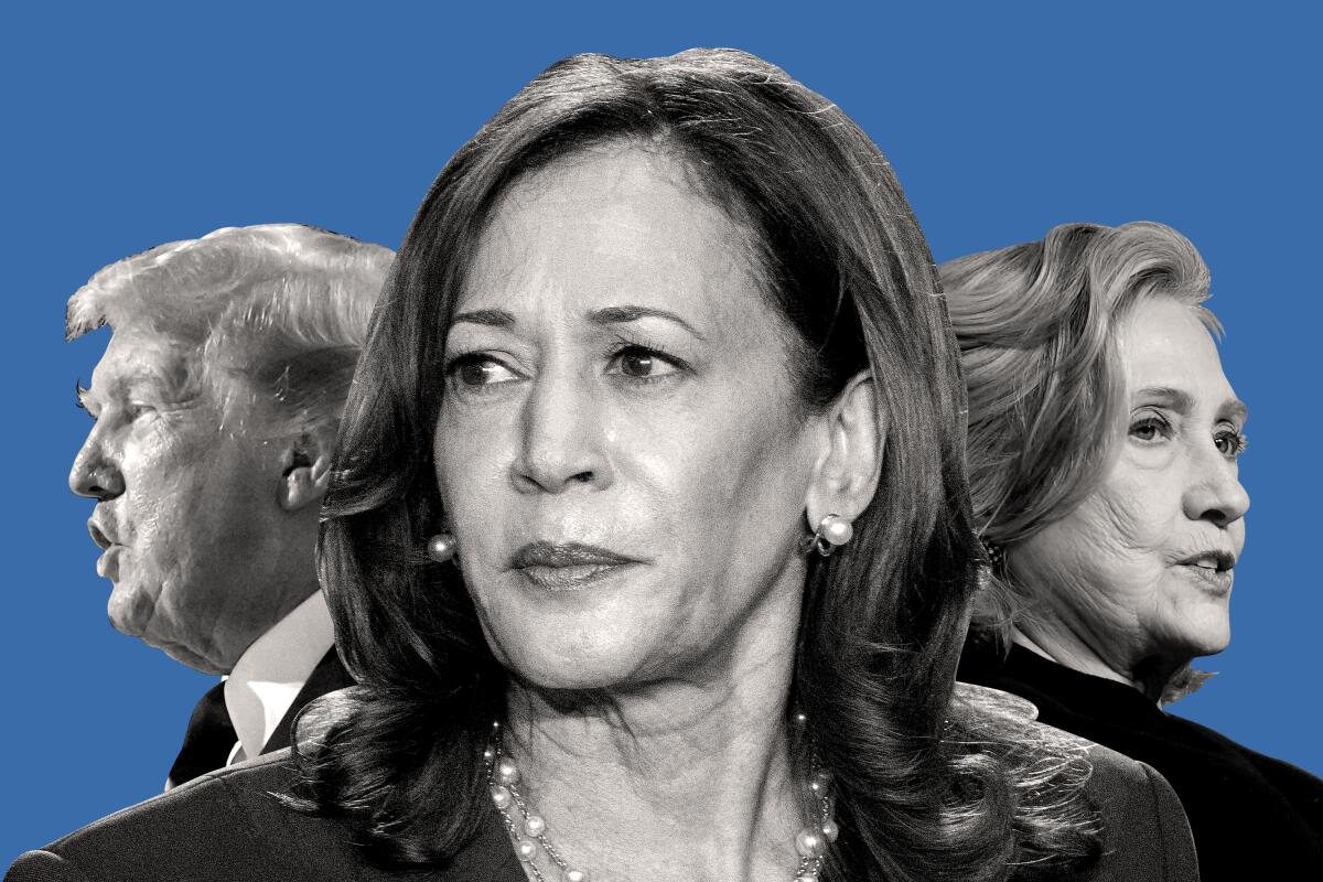 Black-and-white photos of Donald Trump and Hillary Clinton behind a larger portrait of Kamala Harris, on a blue background