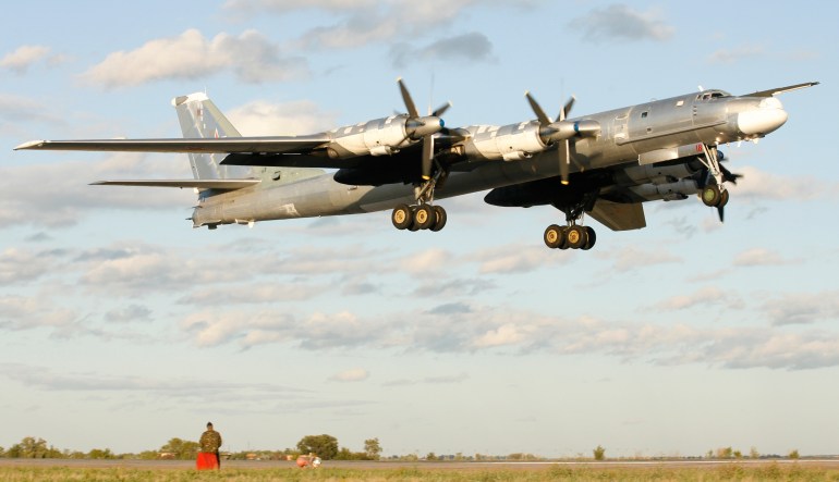 A Russian TU-95 bomber, or Bear, lands at a military airbase in Engels, some 900 km (559 miles) south of Moscow