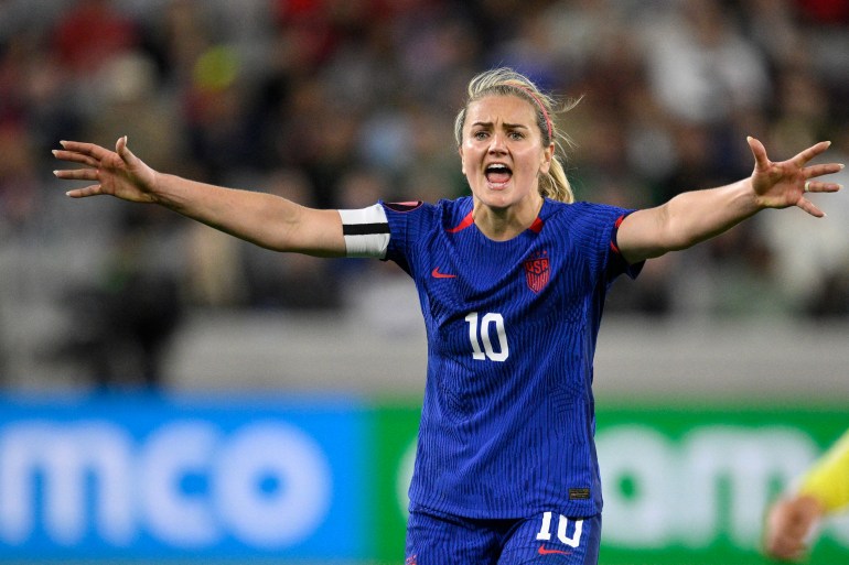 Mar 10, 2024; San Diego, California, USA; United States midfielder Lindsey Horan (10) celebrates the win against Brazil during the final of the 2024 W Gold Cup at Snapdragon Stadium. Mandatory Credit: Orlando Ramirez-USA TODAY Sports