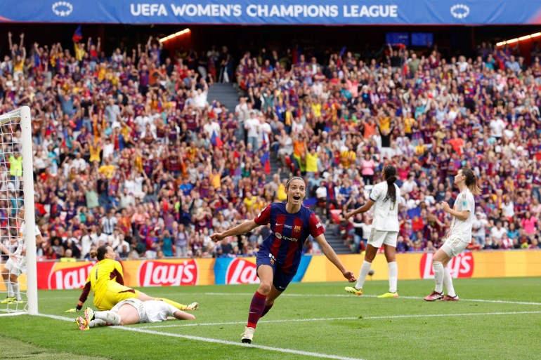 Soccer Football - Women's Champions League - Final - FC Barcelona v Olympique Lyonnais - San Mames, Bilbao, Spain - May 25, 2024 FC Barcelona's Aitana Bonmati celebrates scoring their first goal REUTERS/Albert Gea TPX IMAGES OF THE DAY