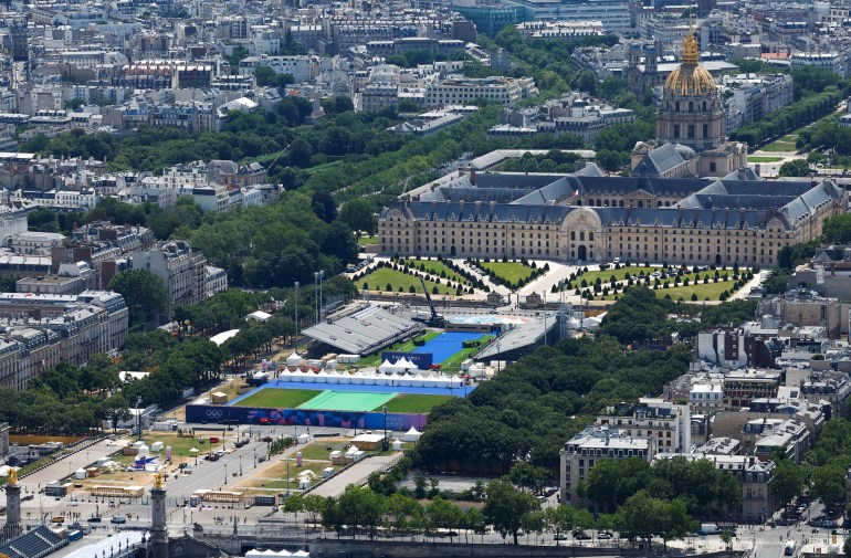 An aerial view shows the Hotel des Invalides and the Invalides venue for Archery, Athletics and cycling roads ahead of the Paris 2024 Olympics and Paralympics Games in Paris, France, July 10, 2024. REUTERS/Gonzalo Fuentes