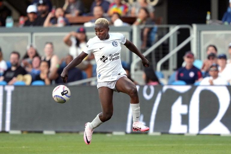 Jul 6, 2024; San Jose, California, USA; Bay FC forward Racheal Kundananji (9) receives a pass against the Washington Spirit during the first half at PayPal Park. Mandatory Credit: Darren Yamashita-USA TODAY Sports