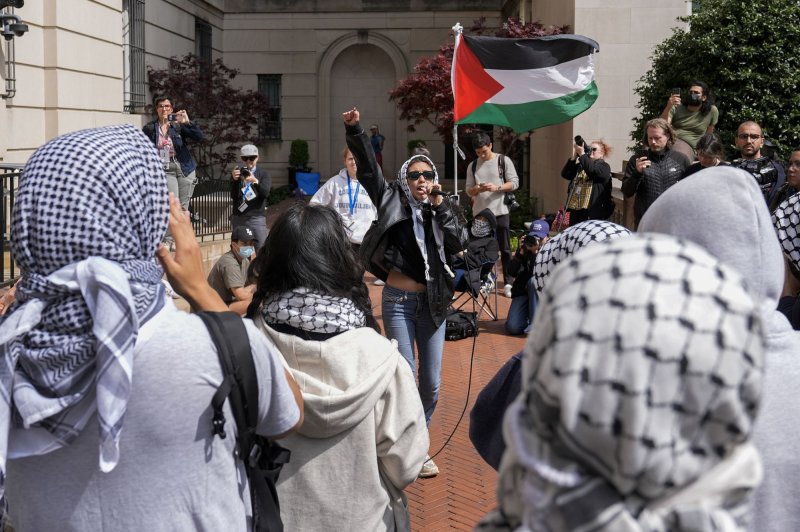 Pro-Palestine student protestors rally near Hamilton Hall at Columbia University in New York City on Tuesday, April 30. On Monday, university officials announced three Columbia administrators had been "permanently removed" over anti-Semitic texts during a reunion event. Pool photo by Mary Altaffer/UPI