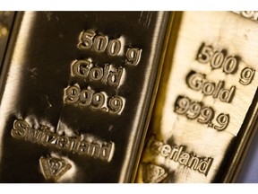 Five hundred gram gold bars arranged at Gold Investments Ltd. bullion dealers in London, UK, on Tuesday, May 21, 2024. Gold slipped -- after hitting an all-time high in the previous session -- with investors assessing recent hawkish commentary from Federal Reserve officials that downplayed the possibility of imminent rate cuts. Photographer: Chris Ratcliffe/Bloomberg