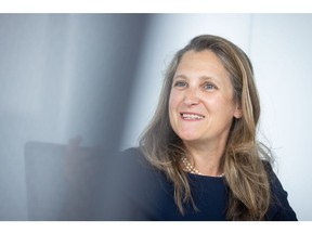 Chrystia Freeland, Canada's deputy prime minister and finance minister, during an interview in New York, US, on Friday, July 12, 2024. Canada's prime minister yesterday said Canada will hit NATO's requirement to spend 2% of gross domestic product on defense. Photographer: Michael Nagle/Bloomberg