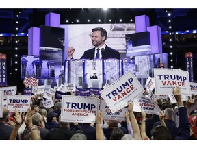 JD Vance speaks during the Republican National Convention at the Fiserv Forum in Milwaukee, Wisconsin on July 17.