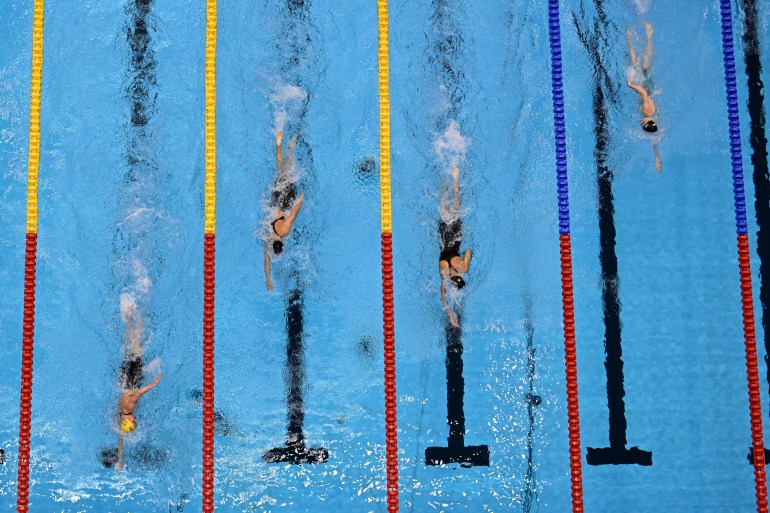 Swimmers in a race.