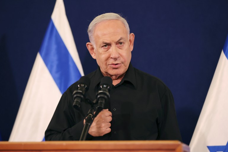 Israeli Prime Minister Benjamin Netanyahu speaks during a news conference in the Kirya military base in Tel Aviv, Israel, on Oct. 28