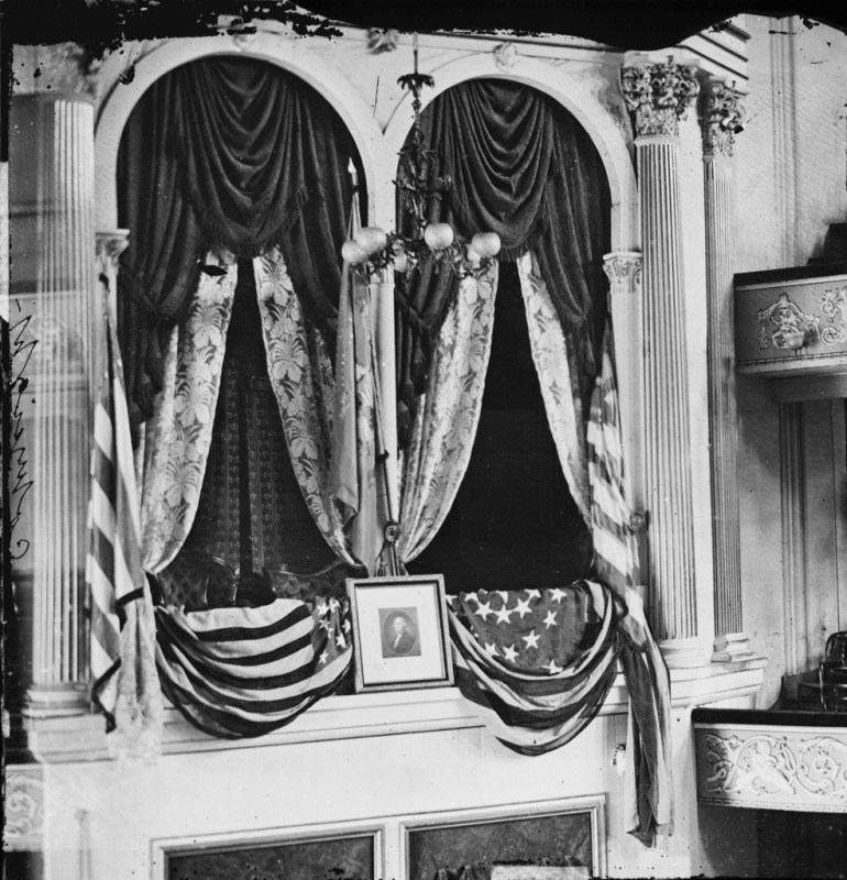 FILE _ This April 1865 photo provided by the Library of Congress shows President Abraham Lincoln's box at Ford's Theater, the site of his assassination. (AP Photo/Library of Congress, File)