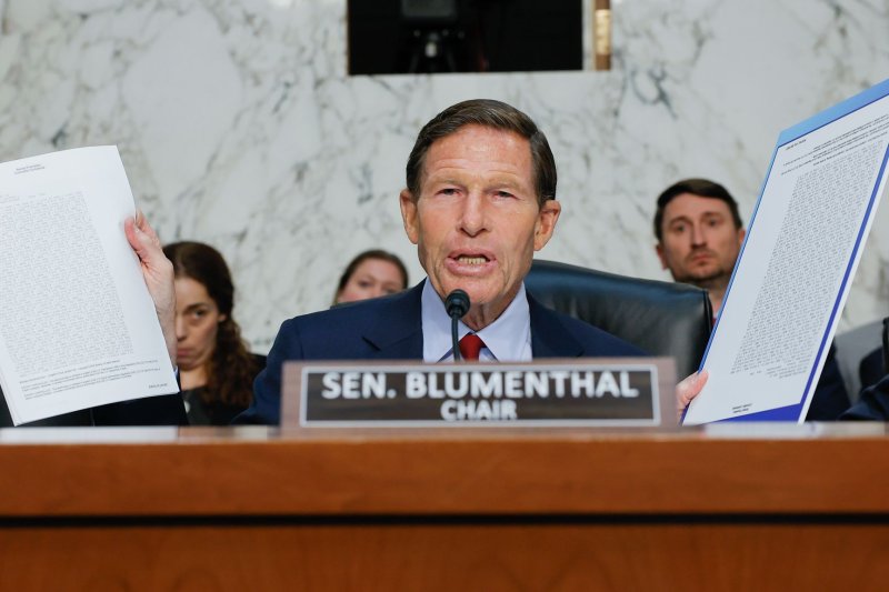 Chairman Sen. Richard Blumenthal, D-Conn., is among the senators questioning acting U.S. Secret Service director Ronald Rowe Jr. about the failed assassination attempt of former President Donald Trump on Tuesday. File Photo by Jemal Countess/UPI