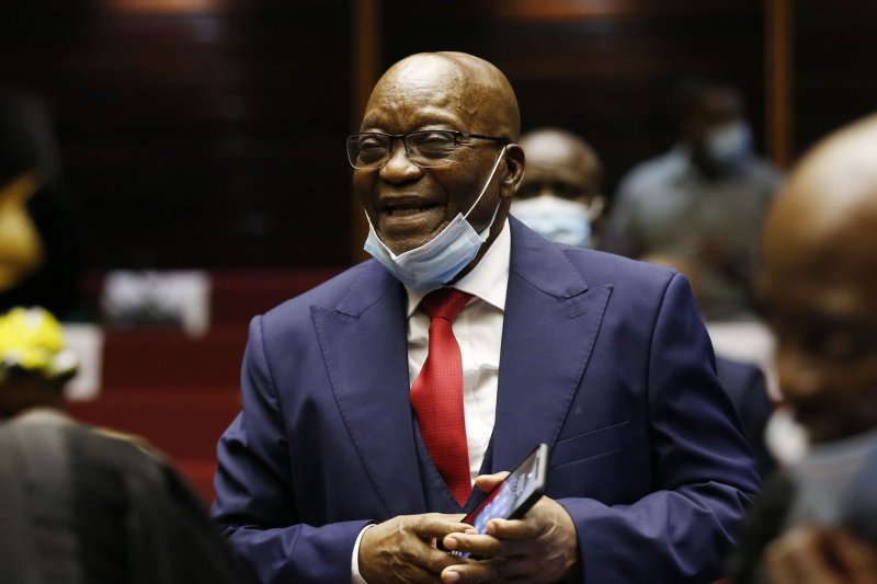 Former South African president Jacob Zuma appears in court during his corruption trial at the Pietermaritzburg High Court, Pietermaritzburg, South Africa, on May 26, 2021. He was expelled from the African National Congress on Monday. File Photo by Phill Magakoe/EPA-EFE