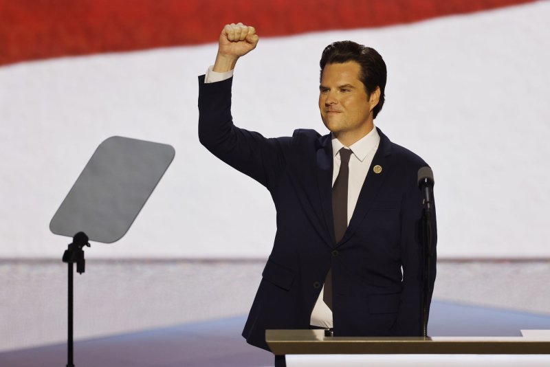 On a convention night stressing law and order, Rep. Matt Gaetz. R-Fla., said, "President Trump won't defund the police, but he will defund countries that hate us." Photo by Tannen Maury/UPI