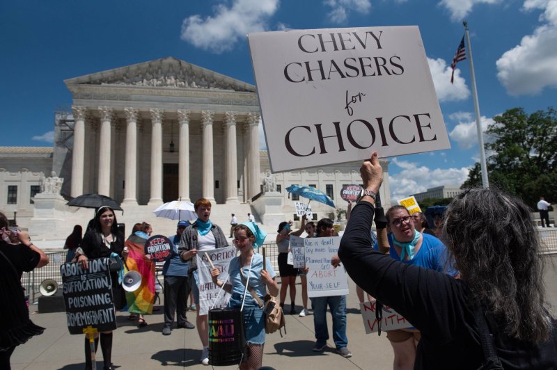 Protesters argue over abortion rights in front of the U.S. Supreme Court on the first anniversary of the court's ruling in the Dobbs v. Women's Health Organization case, which overturned Roe v. Wade and returned the matter to respective states. File Photo by Annabelle Gordon/UPI