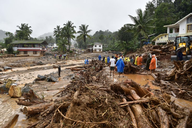 Rescue operations get underway in Mylambadi district on Wayanad in the southern Indian state of Kerala after landslides early Tuesday triggered by monsoon rain killed at least 93 people with many still unaccounted for. Photo by T.P. Binu/EPA-EFE