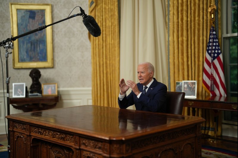 US President Joe Biden addresses the nation on July 14 from the Oval Office of the White House following the attempted assassination of former President Donald Trump in Pennsylvania. Pool Photo by Erin Schaff/UPI