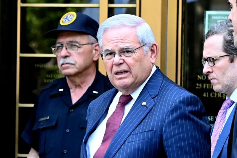 U.S. Sen. Bob Menendez, D-N.J., leaves the Manhattan federal courthouse after being found guilty on all charges against him on July 16. On Tuesday, he submitted his resignation from the U.S. Senate effective Aug. 20. Photo by Louis Lanzano/UPI