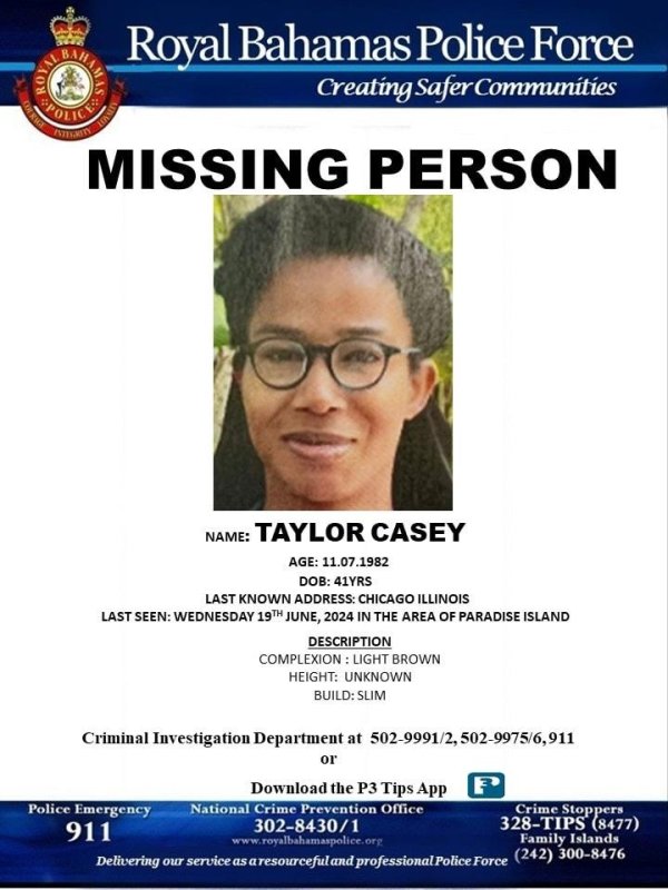 Taylor Casey of Chicago, Ill., was last seen June 19 in the area of Paradise Island, authorities said. Image courtesy of Royal Bahamas Police Force/Facebook