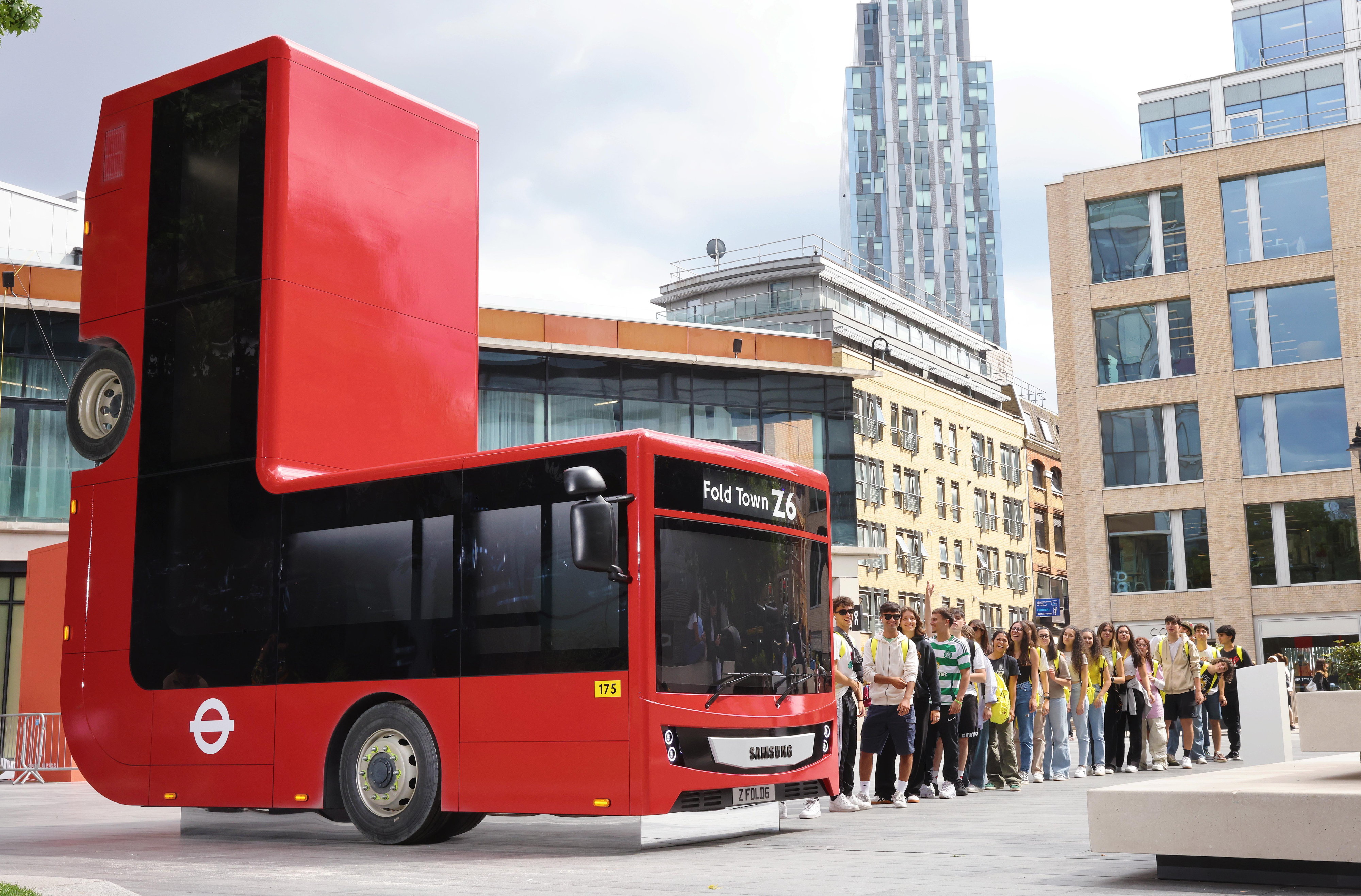 A folded London bus is unveiled at Bishops Square to celebrate the launch of Samsung's Galaxy Z series